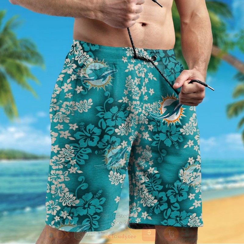 NFL Miami Dolphins Green Hiibscus Hawaiian Shirt Short 1 2 3 4