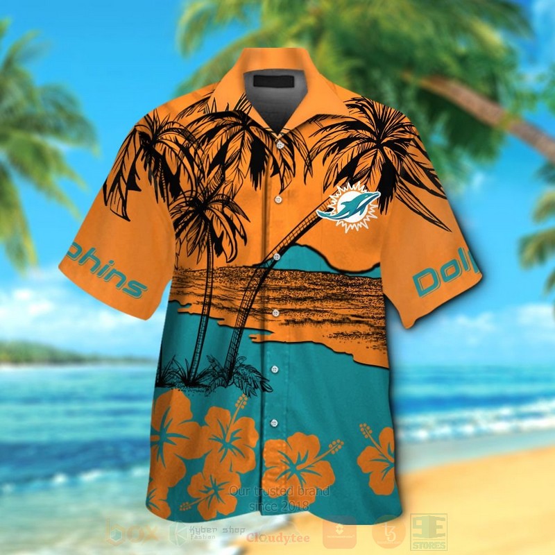 NFL Miami Dolphins Orange Aqua Green Coconut Tree Hawaiian Shirt Short