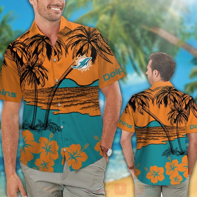 BEST NFL Miami Dolphins Orange-Aqua Green Coconut Tree Hawaii Shirt, Short 2 NFL Miami Dolphins Orange Aqua Green Coconut Tree Hawaiian Shirt Short 1