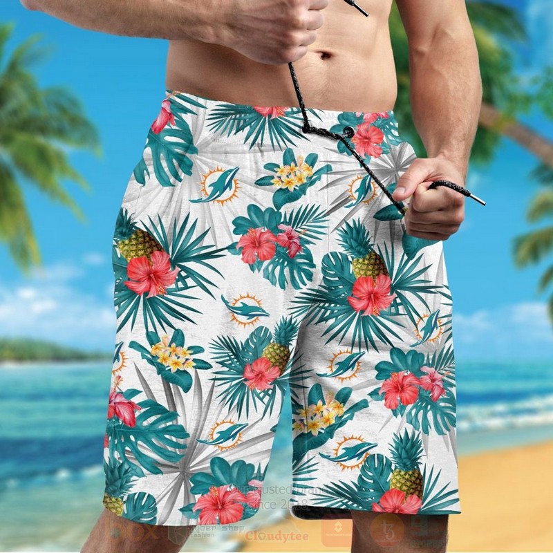 NFL Miami Dolphins White Hiibscus Hawaiian Shirt Short 1 2 3 4