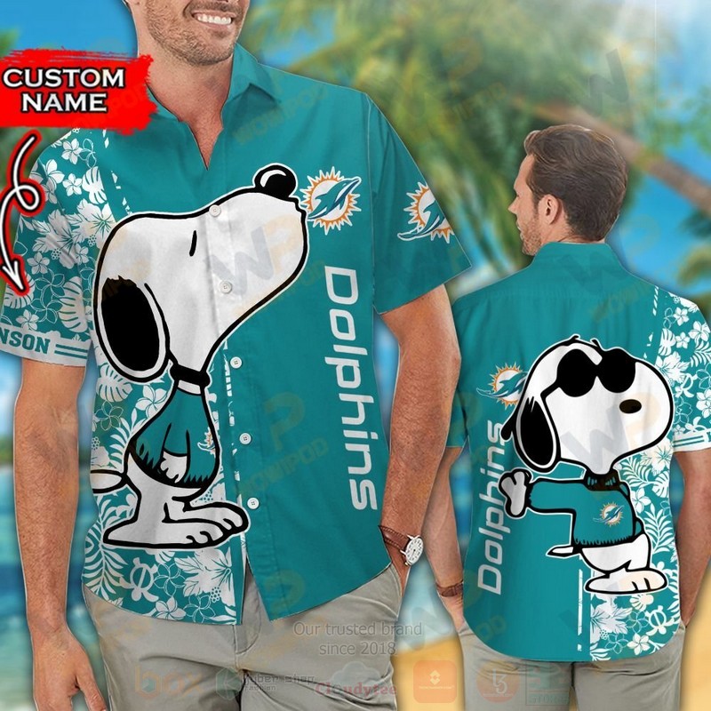 BEST NFL Miami Dolphins and Snoopy Custom Name Hawaii Shirt, Short 2 NFL Miami Dolphins and Snoopy Custom Name Hawaiian Shirt Short 1