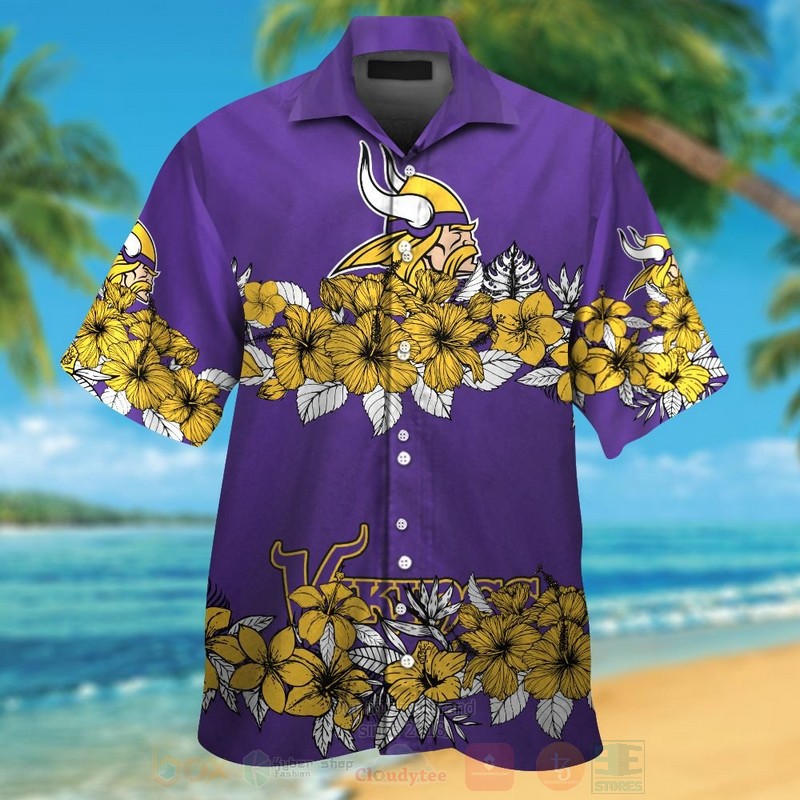 NFL Minnesota Vikings Dark Purple Yellow Hiibscus Hawaiian Shirt Short
