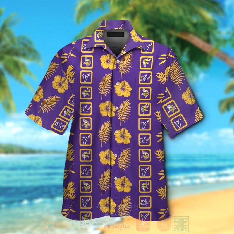 NFL Minnesota Vikings Pur5Ble Yellow Hiibscus Hawaiian Shirt Short
