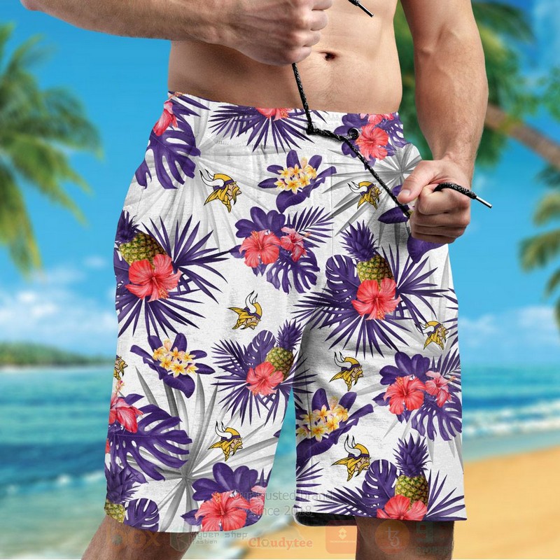 NFL Minnesota Vikings White Hiibscus Hawaiian Shirt Short 1 2 3 4