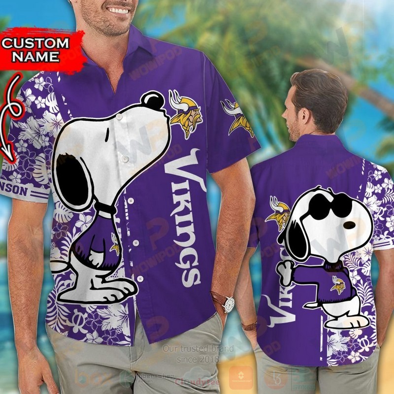 BEST NFL Minnesota Vikings and Snoopy Custom Name Hawaii Shirt, Short 2 NFL Minnesota Vikings and Snoopy Custom Name Hawaiian Shirt Short 1