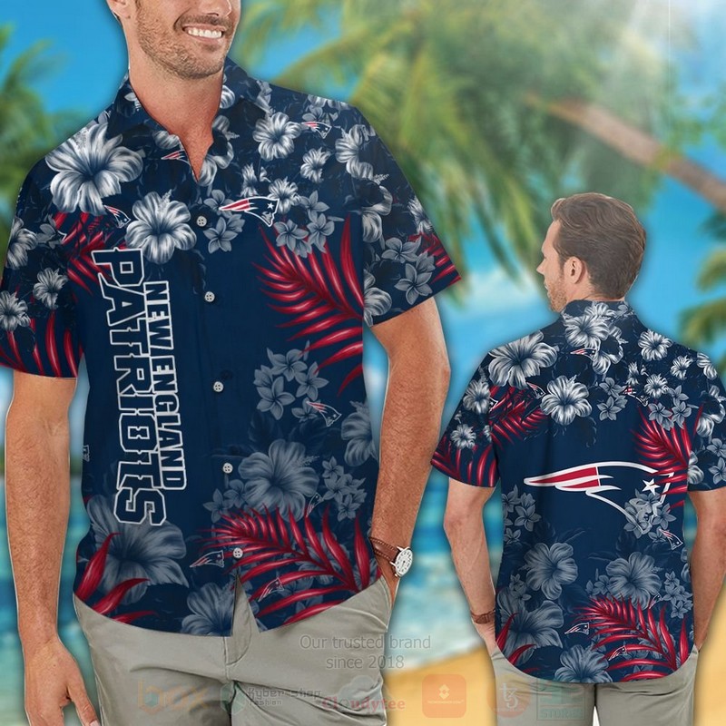 BEST NFL New England Patriots Full Navy-White Hiibscus Hawaii Shirt, Short 2 NFL New England Patriots Full Navy White Hiibscus Hawaiian Shirt Short 1