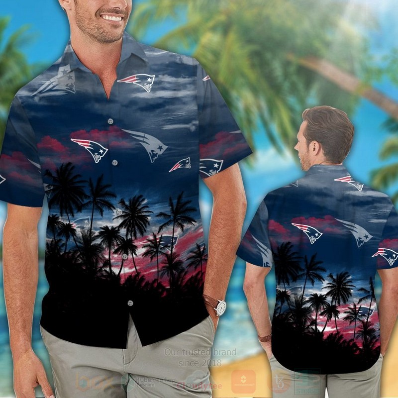BEST NFL New England Patriots Navy-Black Coconut Tree Hawaii Shirt, Short 2 NFL New England Patriots Navy Black Coconut Tree Hawaiian Shirt Short 1