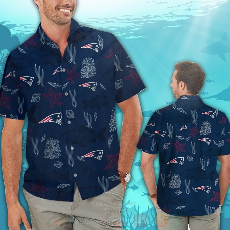 BEST NFL New England Patriots Navy Fish Hawaii Shirt, Short 2 NFL New England Patriots Navy Fish Hawaiian Shirt Short 1