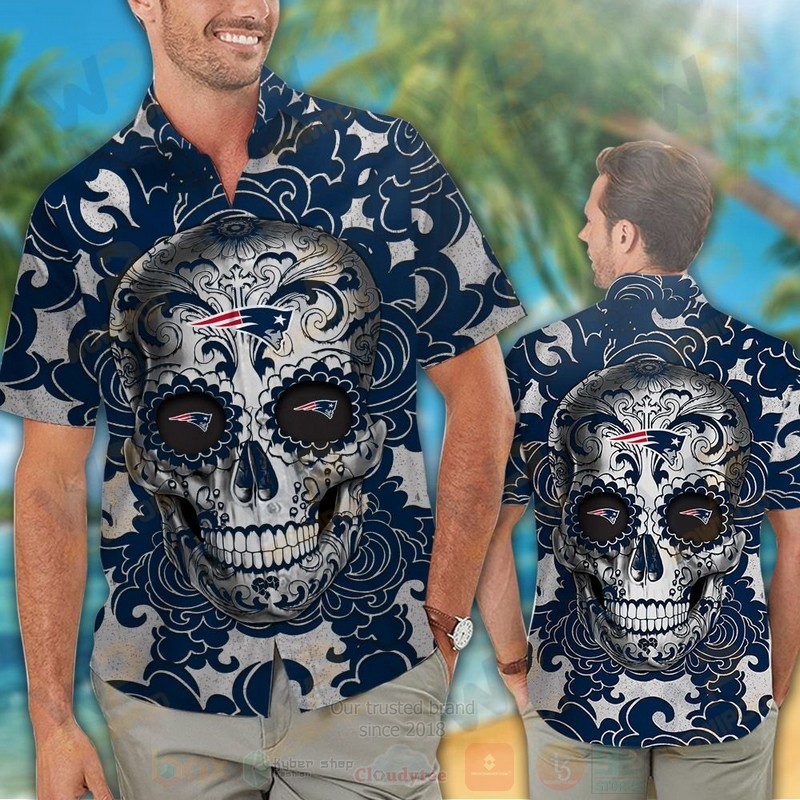 BEST NFL New England Patriots Sugar Skull Hawaii Shirt, Short 2 NFL New England Patriots Sugar Skull Hawaiian Shirt Short 1