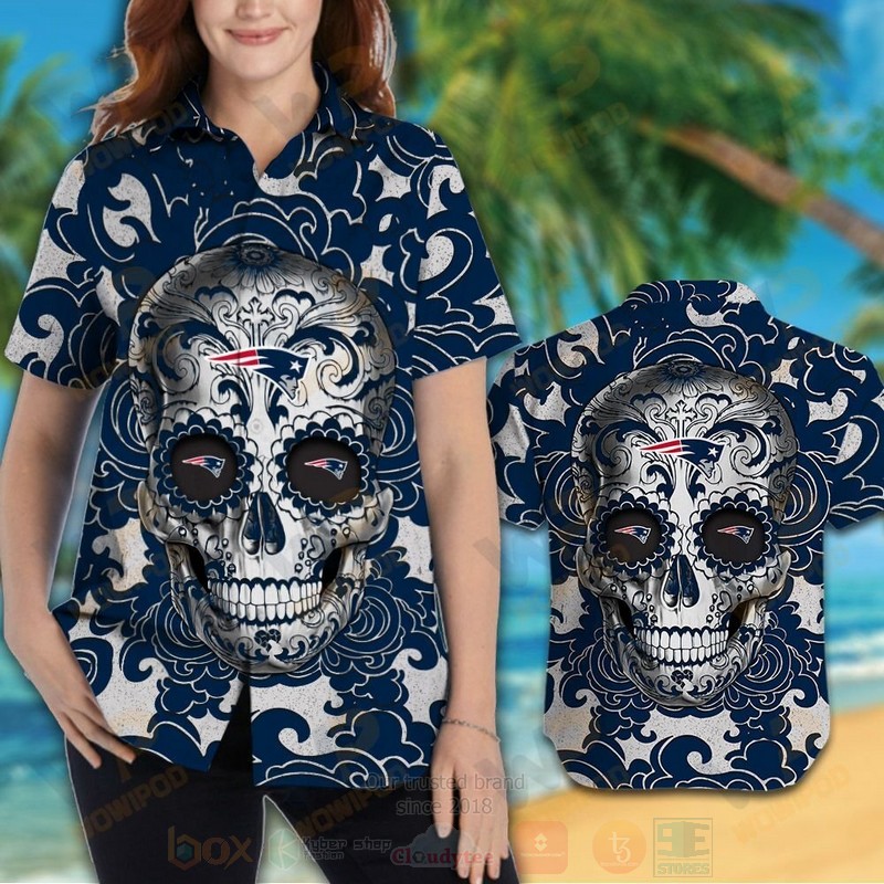 BEST NFL New England Patriots Sugar Skull Hawaii Shirt, Short 3 NFL New England Patriots Sugar Skull Hawaiian Shirt Short 1 2