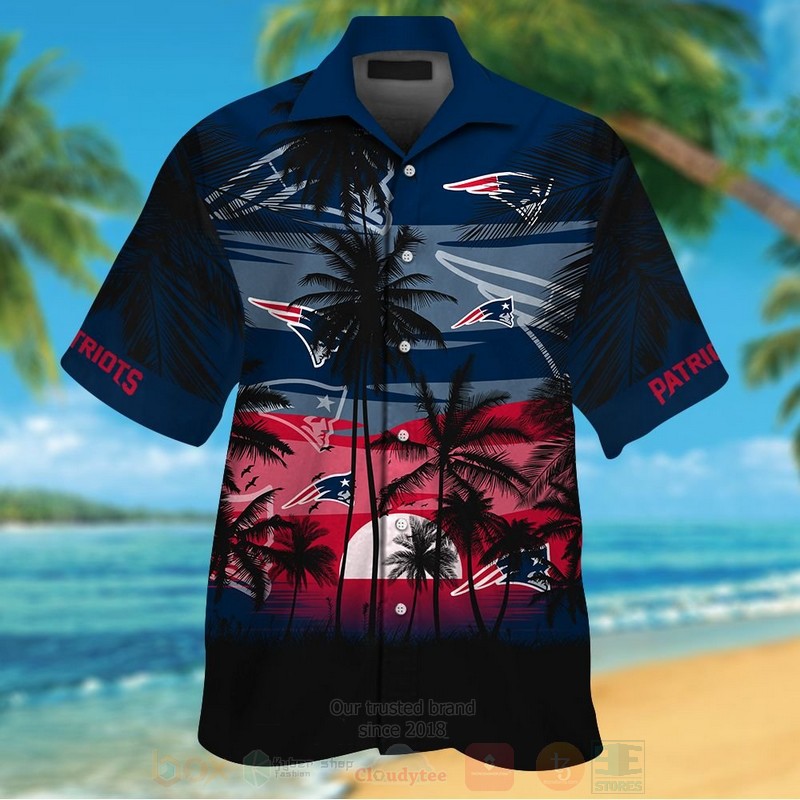 Nfl New England Patriots Sun And Coconut Tree Navy Black Hawaiian Shirt Short