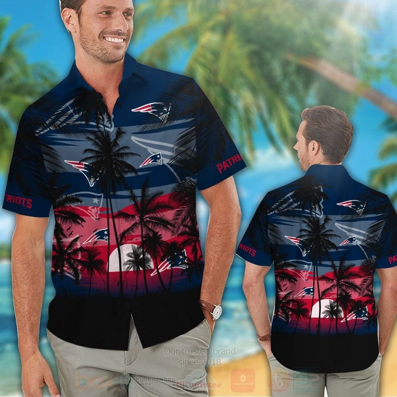Nfl New England Patriots Sun And Coconut Tree Navy Black Hawaiian Shirt Short 1