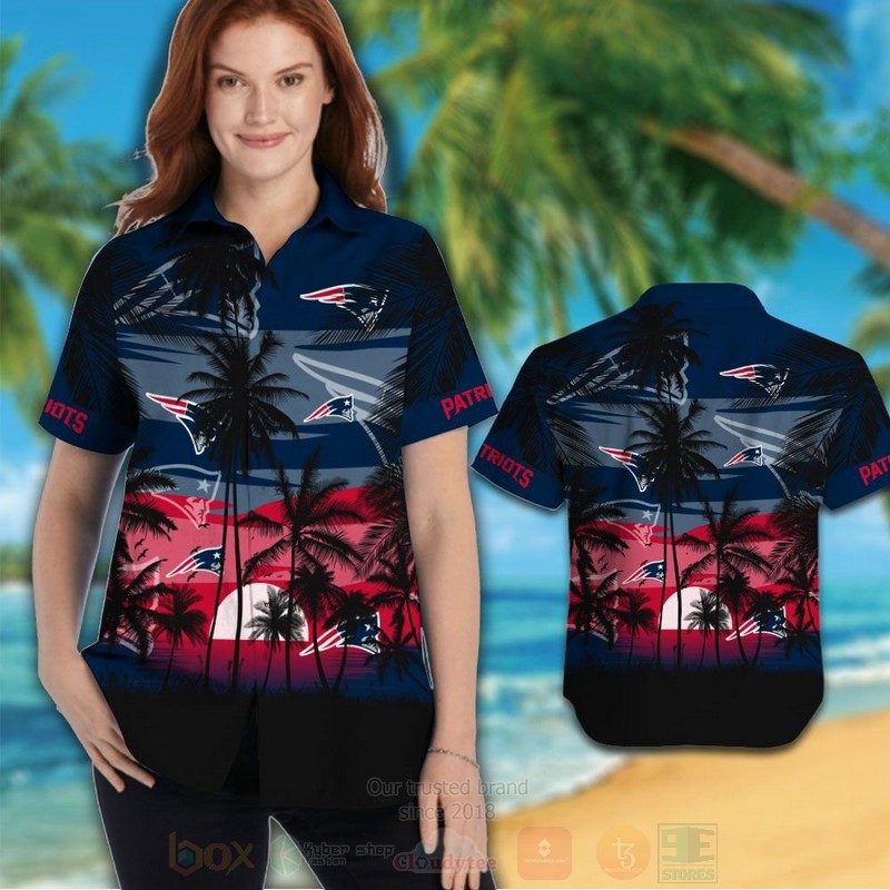 Nfl New England Patriots Sun And Coconut Tree Navy Black Hawaiian Shirt Short 1 2