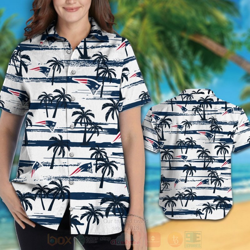 NFL New England Patriots White Navy Coconut Tree Hawaiian Shirt Short 1 2