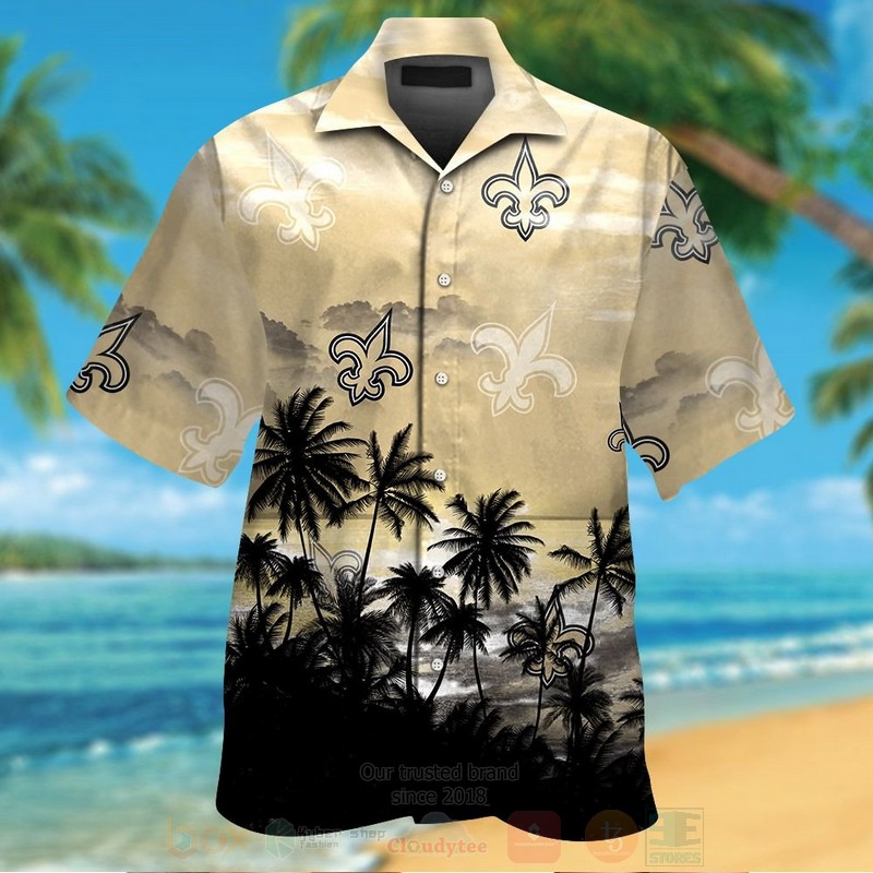 NFL New Orleans Saints Cream Black Coconut Tree Hawaiian Shirt Short