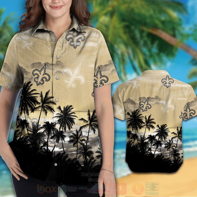 NFL New Orleans Saints Cream Black Coconut Tree Hawaiian Shirt Short 1 2