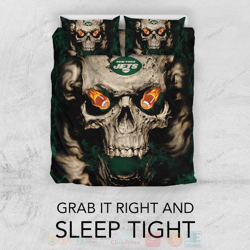BEST NFL New York Jets Inspired Skull Duvet Cover Bed Sets 3 NFL New York Jets Inspired Skull Bedding Set 1 2