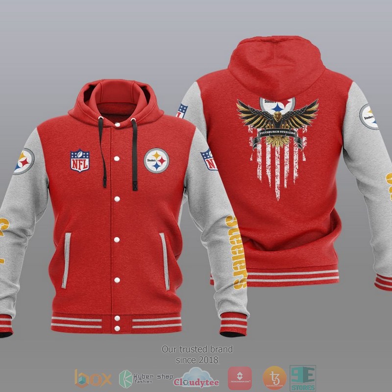 HOT Pittsburgh Steelers Eagle American Flag Varsity Hoodie Jacket 5 NFL Pittsburgh Steelers Eagle American Flag Baseball Jacket Hoodie 1 2 3 4