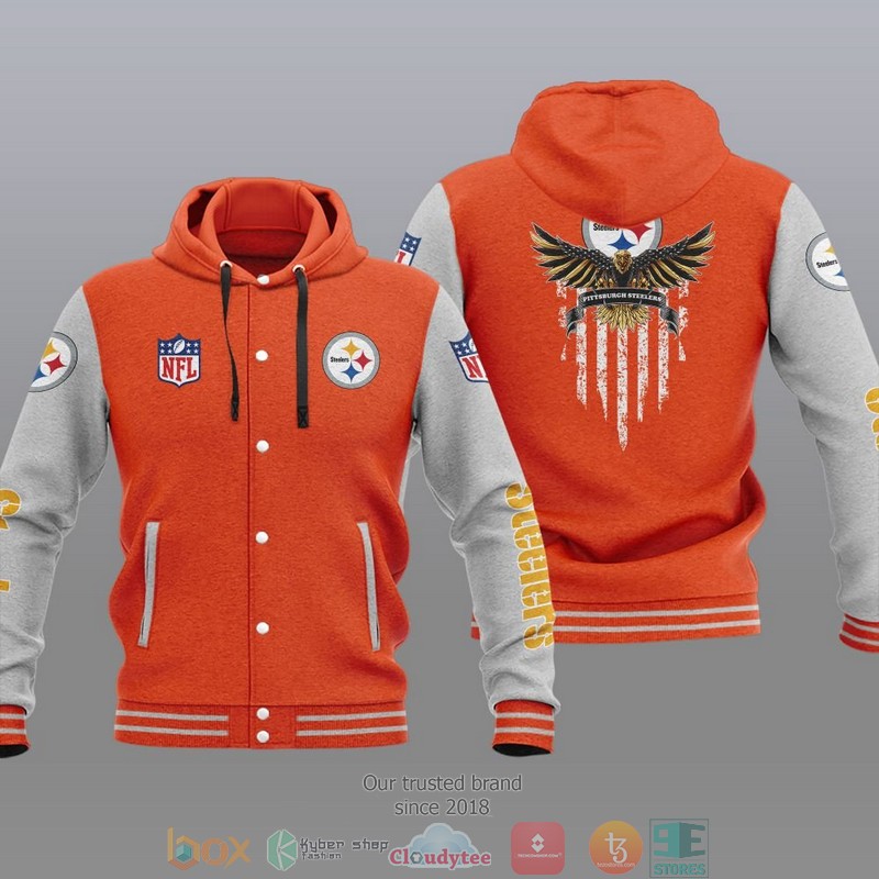 HOT Pittsburgh Steelers Eagle American Flag Varsity Hoodie Jacket 6 NFL Pittsburgh Steelers Eagle American Flag Baseball Jacket Hoodie 1 2 3 4 5