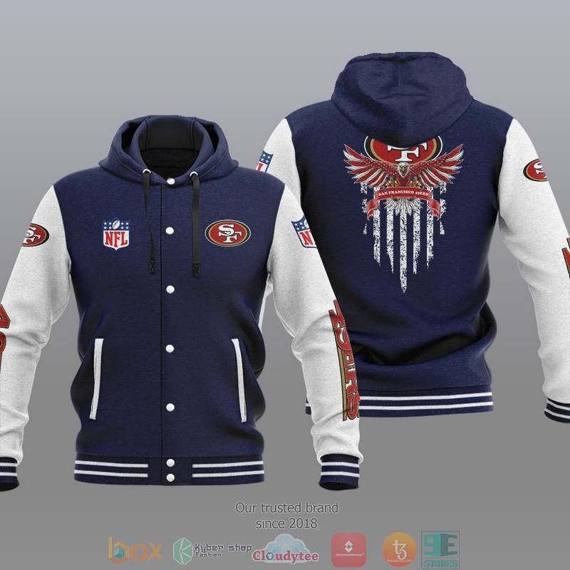 HOT San Francisco 49ers Eagle American Flag Varsity Hoodie Jacket 3 NFL San Francisco 49ers Eagle American Flag Baseball Jacket Hoodie 1 2