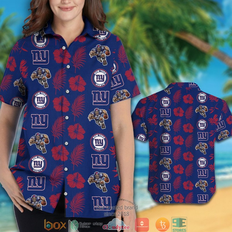 New York Giants Hibiscus Leaf Patter Hawaiian Shirt, short 3 New York Giants Hibiscus Leaf Patter Hawaiian Shirt short 1 2