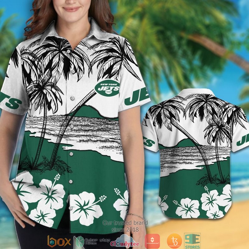 New York Jets Coconut Island Hibiscus Hawaiian Shirt, short 3 New York Jets Coconut Island Hibiscus Hawaiian Shirt short 1 2
