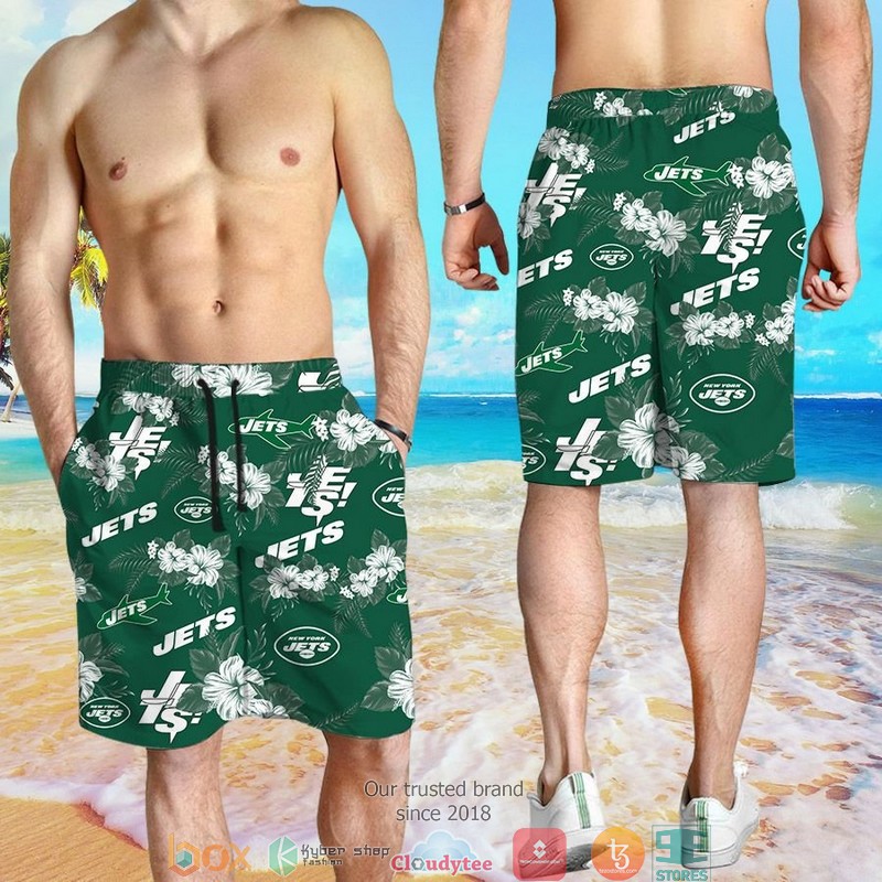 New York Jets Hibiscus Flowers Hawaiian Shirt, short 4 New York Jets Hibiscus Flowers Hawaiian Shirt short 1 2 3