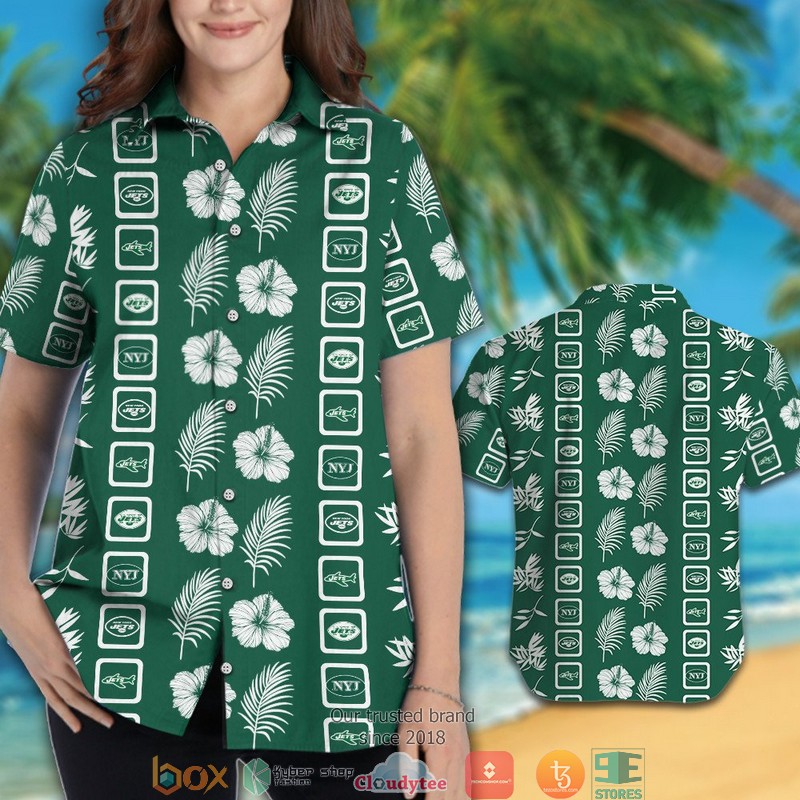 New York Jets Hibiscus Leaf Square Pattern Hawaiian Shirt short 1 2