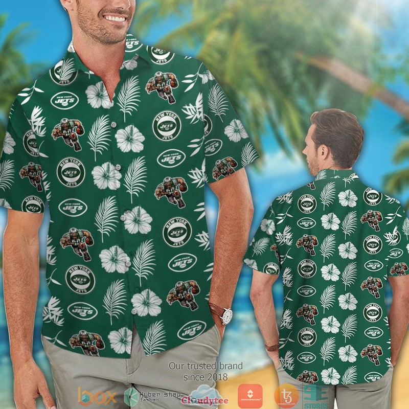 New York Jets Hibiscus Leaf pattern Hawaiian Shirt, short 2 New York Jets Hibiscus Leaf pattern Hawaiian Shirt short 1