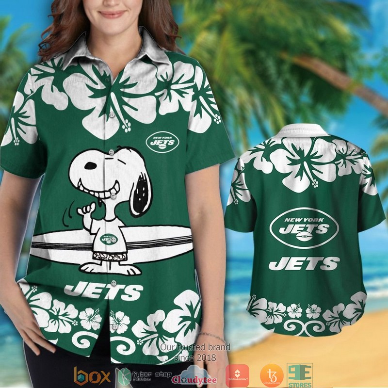 New York Jets Snoopy Hibiscus Hawaiian Shirt, short 3 New York Jets Snoopy Hibiscus Hawaiian Shirt short 1 2