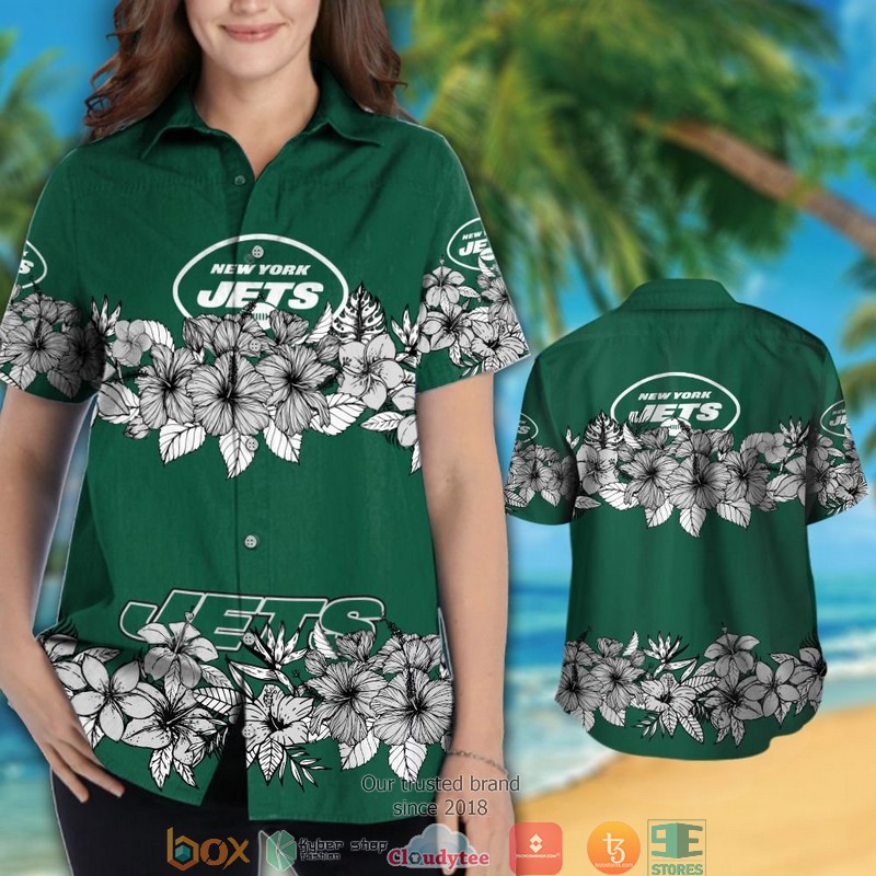 New York Jets hibiscus flowers line Hawaiian Shirt, short 3 New York Jets hibiscus flowers line Hawaiian Shirt short 1 2