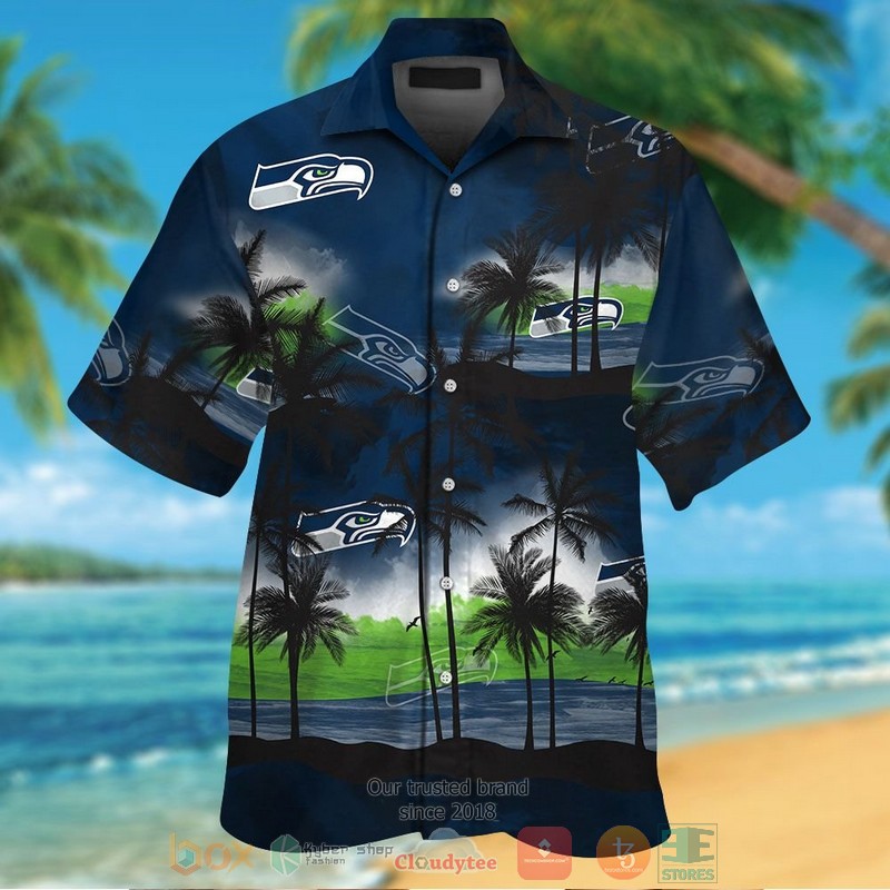 Palm tree Seattle Seahawks dark navy hawaii shirt shorts