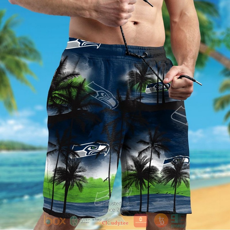 Palm tree Seattle Seahawks dark navy hawaii shirt shorts 1 2 3 4