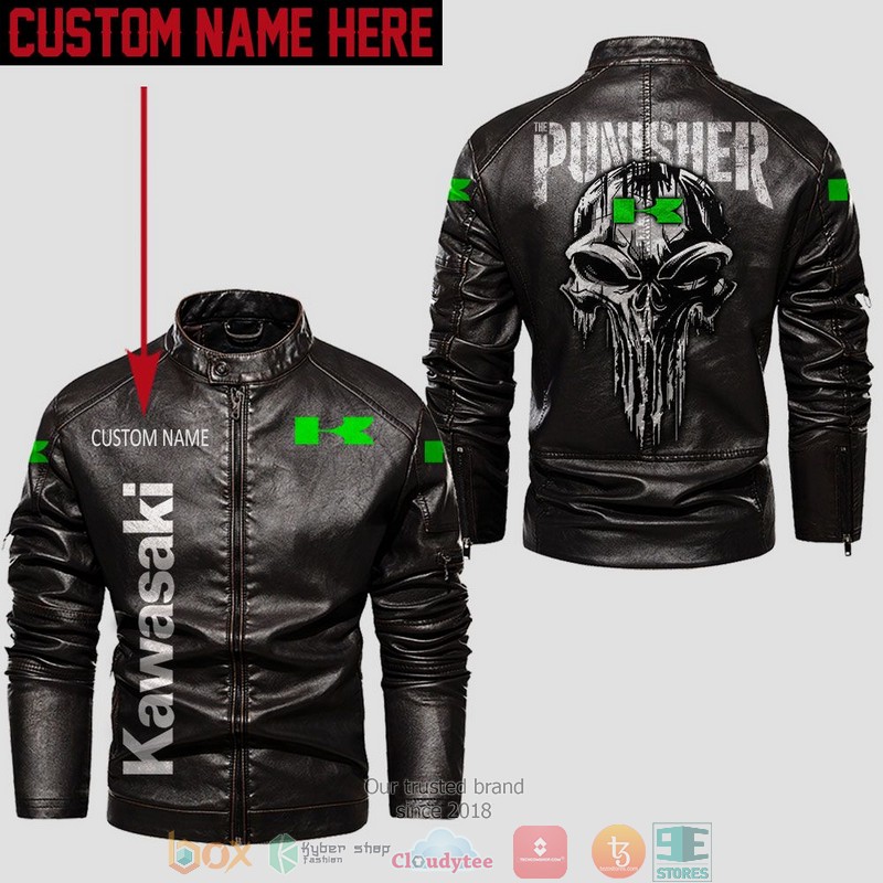 Personalized Kawasaki Punisher Skull Collar Leather Jacket