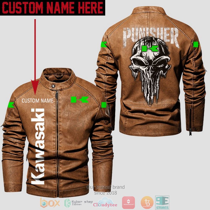 Personalized Kawasaki Punisher Skull Collar Leather Jacket 3 Personalized Kawasaki Punisher Skull Collar Leather Jacket 1 2