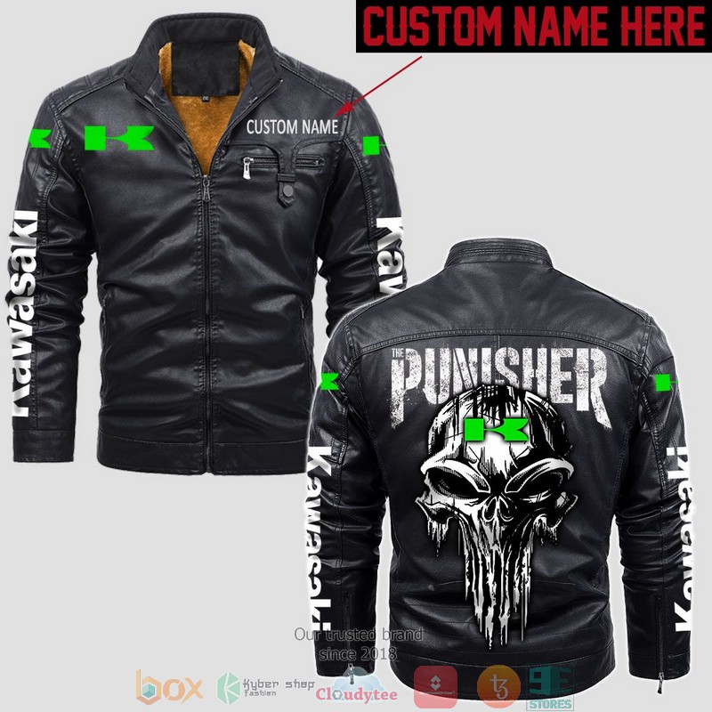 Personalized Kawasaki Punisher Skull Fleece Leather Jacket