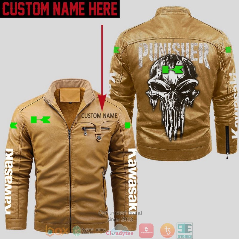 Personalized Kawasaki Punisher Skull Fleece Leather Jacket 1