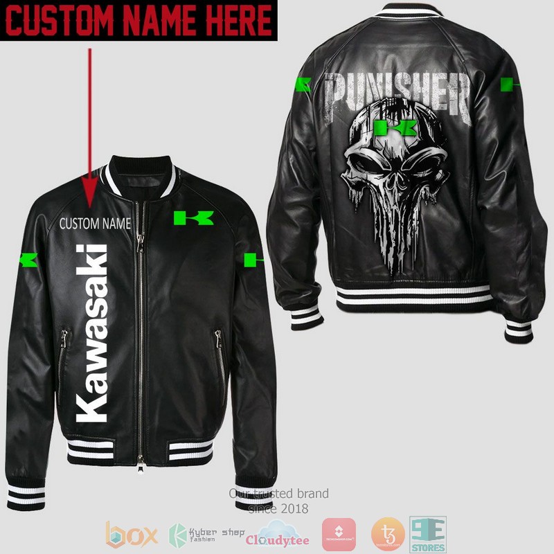 Personalized Kawasaki Punisher Skull Leather Bomber Jacket
