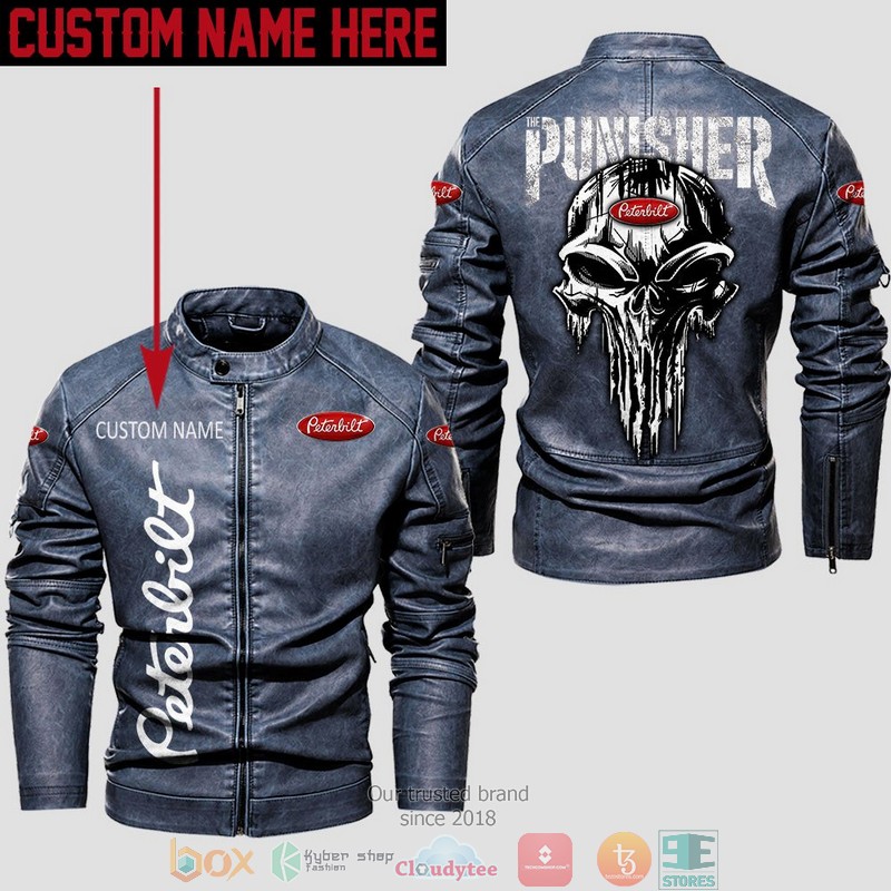 Personalized Peterbilt Punisher Skull Collar Leather Jacket 1
