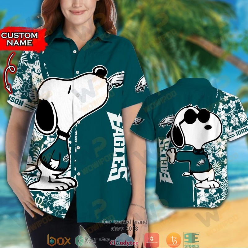 Personalized Philadelphia Eagles Snoopy Hawaiian Shirt, short 3 Personalized Philadelphia Eagles Snoopy Hawaiian Shirt short 1 2