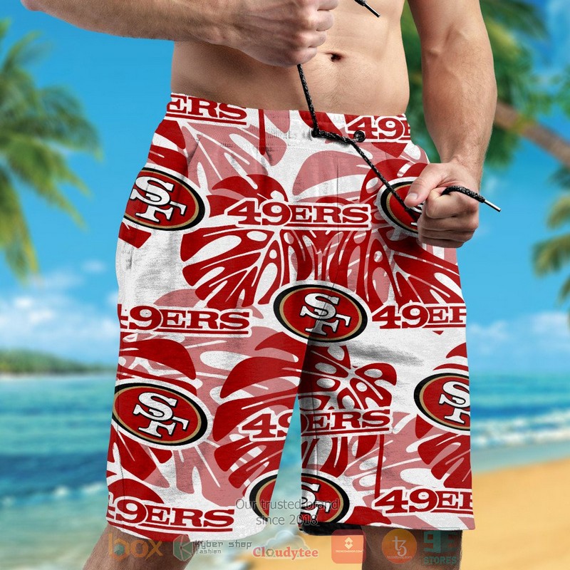 Personalized San Francisco 49ers tropical plants custom hawaiian shirt and shorts 1 2 3 4