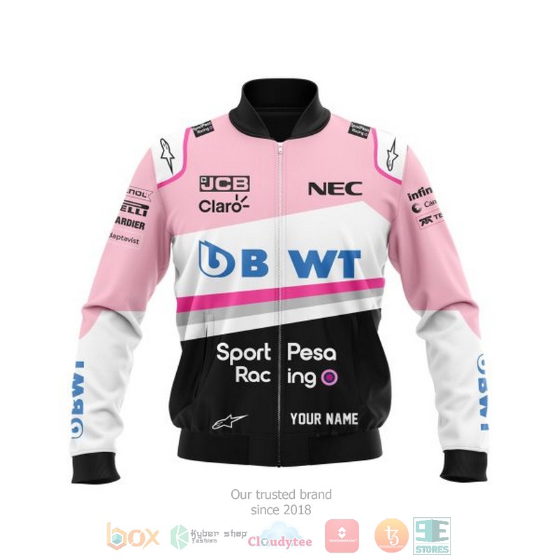 NEW Personalized SportPesa Racing Point pink black custom bomber jacket 3 Personalized SportPesa Racing Point pink black custom bomber jacket 1 2