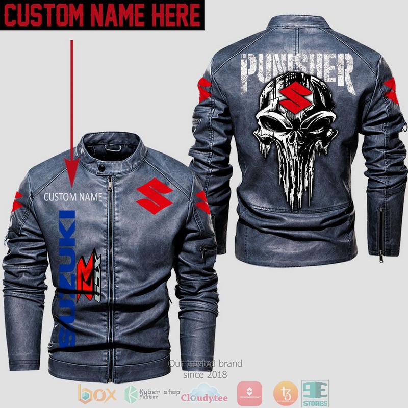 Personalized Suzuki Punisher Skull Collar Leather Jacket 1