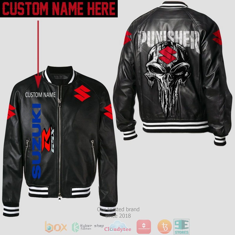 Personalized Suzuki Punisher Skull Leather Bomber Jacket
