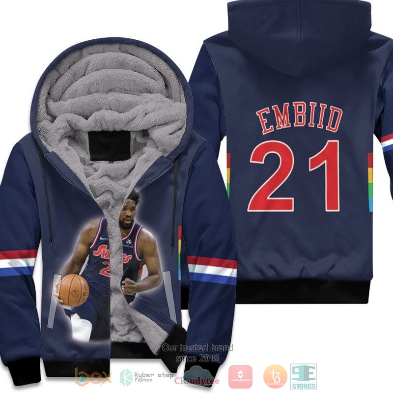 Philadelphia 76ers Joel Embiid 21 NBA Navy fleece hoodie