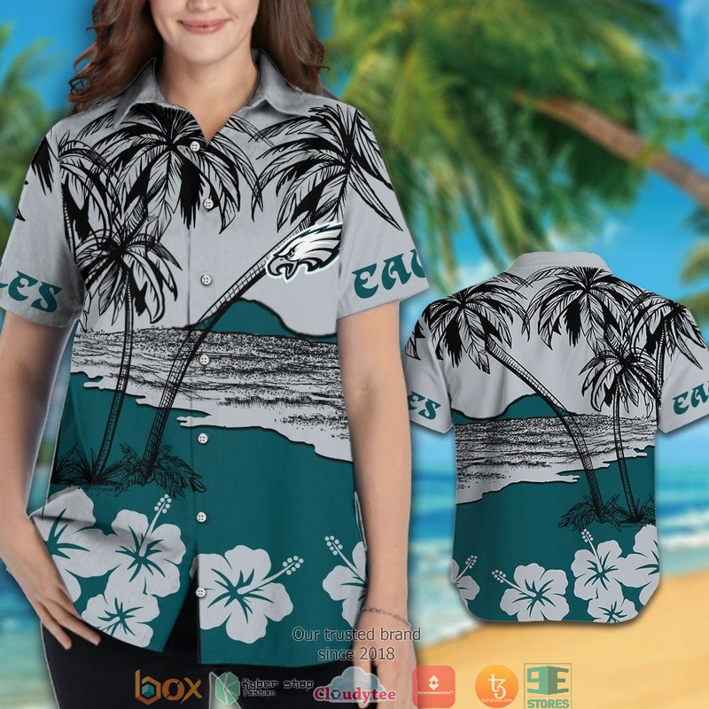 Philadelphia Eagles Coconut island Hibiscus Hawaiian Shirt, short 3 Philadelphia Eagles Coconut island Hibiscus Hawaiian Shirt short 1 2