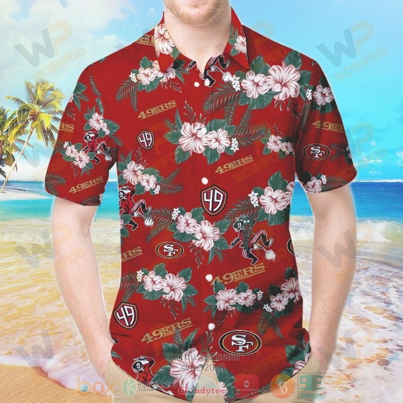 HOT San Francisco 49ers Hibiscus hawaiian shirt and shorts 2 San Francisco 49ers Hibiscus hawaiian shirt and shorts 1