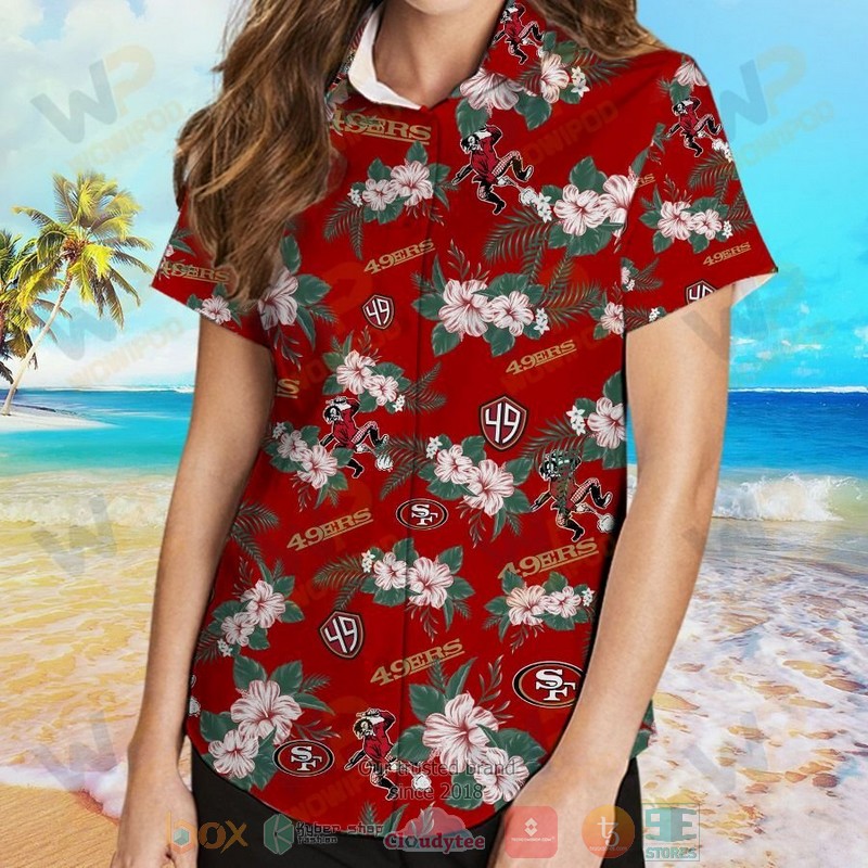 HOT San Francisco 49ers Hibiscus hawaiian shirt and shorts 3 San Francisco 49ers Hibiscus hawaiian shirt and shorts 1 2