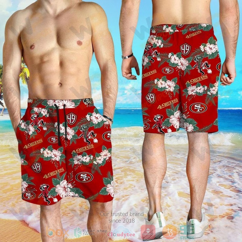 HOT San Francisco 49ers Hibiscus hawaiian shirt and shorts 4 San Francisco 49ers Hibiscus hawaiian shirt and shorts 1 2 3