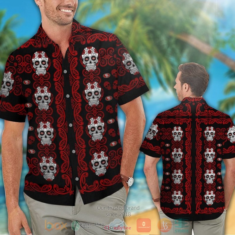 HOT San Francisco 49ers Sugar Skull hawaiian shirt and shorts 2 San Francisco 49ers Sugar Skull hawaiian shirt and shorts 1